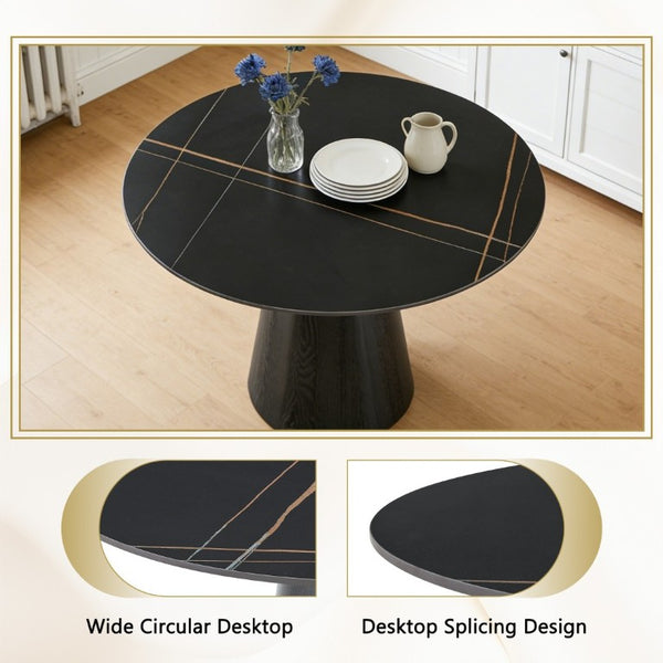 English Elm Round Stone Look Dining Table 42 Inch Sculptural Base Seats Six Modern Compact Design W1512S00273