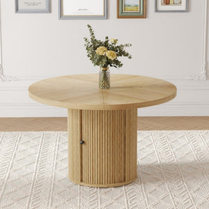 English Elm 47.2-Inch Round Walnut Pedestal Dining Table with Fluted Column Base and Built-In Storage W1512S00274
