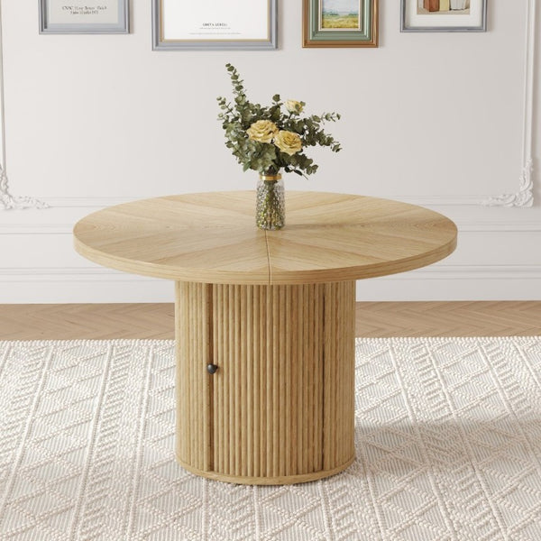 English Elm 47.2-Inch Round Walnut Pedestal Dining Table with Fluted Column Base and Built-In Storage W1512S00274