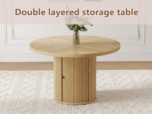 English Elm 47.2-Inch Round Walnut Pedestal Dining Table with Fluted Column Base and Built-In Storage W1512S00274