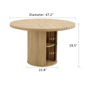 English Elm 47.2-Inch Round Walnut Pedestal Dining Table with Fluted Column Base and Built-In Storage W1512S00274