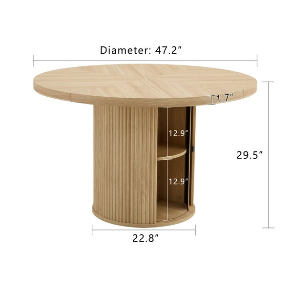English Elm 47.2-Inch Round Walnut Pedestal Dining Table with Fluted Column Base and Built-In Storage W1512S00274