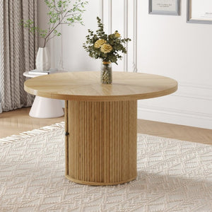English Elm 47.2-Inch Round Walnut Pedestal Dining Table with Fluted Column Base and Built-In Storage W1512S00274
