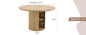 English Elm 47.2-Inch Round Walnut Pedestal Dining Table with Fluted Column Base and Built-In Storage W1512S00274