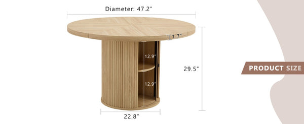 English Elm 47.2-Inch Round Walnut Pedestal Dining Table with Fluted Column Base and Built-In Storage W1512S00274