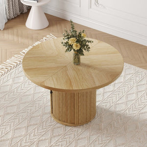English Elm 47.2-Inch Round Walnut Pedestal Dining Table with Fluted Column Base and Built-In Storage W1512S00274