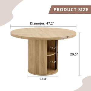 English Elm 47.2-Inch Round Walnut Pedestal Dining Table with Fluted Column Base and Built-In Storage W1512S00274