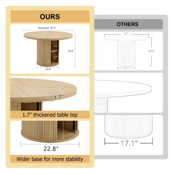 English Elm 47.2-Inch Round Walnut Pedestal Dining Table with Fluted Column Base and Built-In Storage W1512S00274