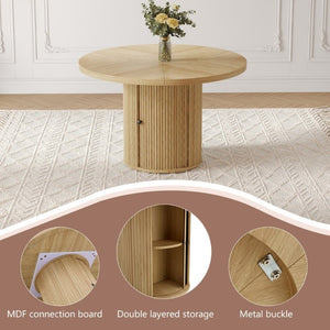 English Elm 47.2-Inch Round Walnut Pedestal Dining Table with Fluted Column Base and Built-In Storage W1512S00274