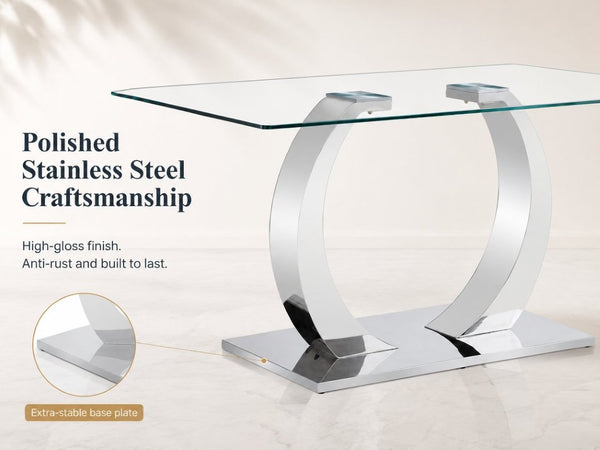 English Elm 63 Inch Tempered Glass Dining Table with Steel O-Leg Base Seats Six in Modern Style W1512S00277
