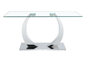 English Elm 63 Inch Tempered Glass Dining Table with Steel O-Leg Base Seats Six in Modern Style W1512S00277