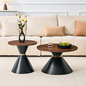 English Elm 2-Piece Round Nesting Side Table Set Walnut Top Matte Black Steel Base Modern Living W1512S00279