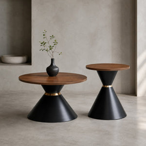 English Elm 2-Piece Round Nesting Side Table Set Walnut Top Matte Black Steel Base Modern Living W1512S00279