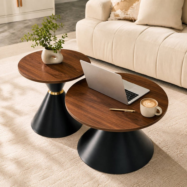 English Elm 2-Piece Round Nesting Side Table Set Walnut Top Matte Black Steel Base Modern Living W1512S00279