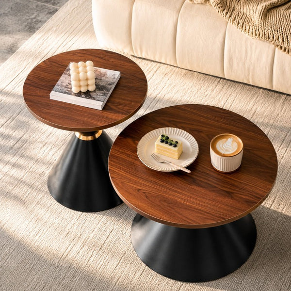 English Elm 2-Piece Round Nesting Side Table Set Walnut Top Matte Black Steel Base Modern Living W1512S00279
