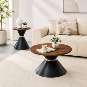 English Elm 2-Piece Round Nesting Side Table Set Walnut Top Matte Black Steel Base Modern Living W1512S00279