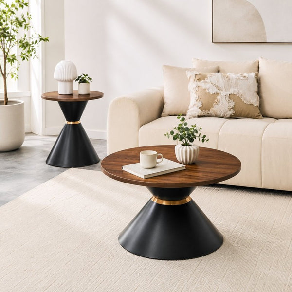 English Elm 2-Piece Round Nesting Side Table Set Walnut Top Matte Black Steel Base Modern Living W1512S00279