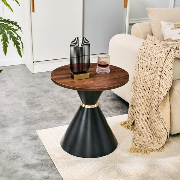 English Elm 2-Piece Round Nesting Side Table Set Walnut Top Matte Black Steel Base Modern Living W1512S00279