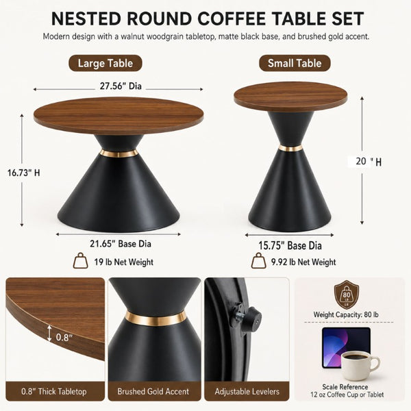 English Elm 2-Piece Round Nesting Side Table Set Walnut Top Matte Black Steel Base Modern Living W1512S00279