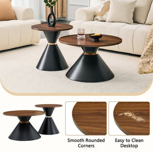 English Elm 2-Piece Round Nesting Side Table Set Walnut Top Matte Black Steel Base Modern Living W1512S00279
