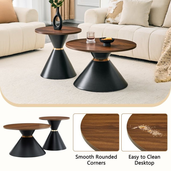 English Elm 2-Piece Round Nesting Side Table Set Walnut Top Matte Black Steel Base Modern Living W1512S00279