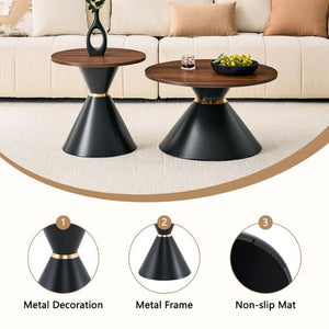 English Elm 2-Piece Round Nesting Side Table Set Walnut Top Matte Black Steel Base Modern Living W1512S00279