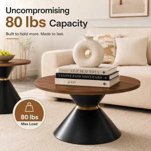 English Elm 2-Piece Round Nesting Side Table Set Walnut Top Matte Black Steel Base Modern Living W1512S00279