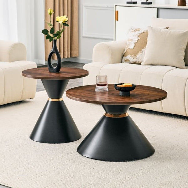 English Elm 2-Piece Round Nesting Side Table Set Walnut Top Matte Black Steel Base Modern Living W1512S00279