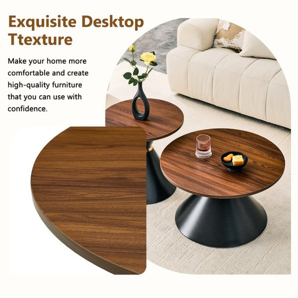 English Elm 2-Piece Round Nesting Side Table Set Walnut Top Matte Black Steel Base Modern Living W1512S00279