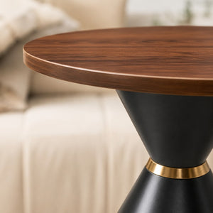 English Elm 2-Piece Round Nesting Side Table Set Walnut Top Matte Black Steel Base Modern Living W1512S00279