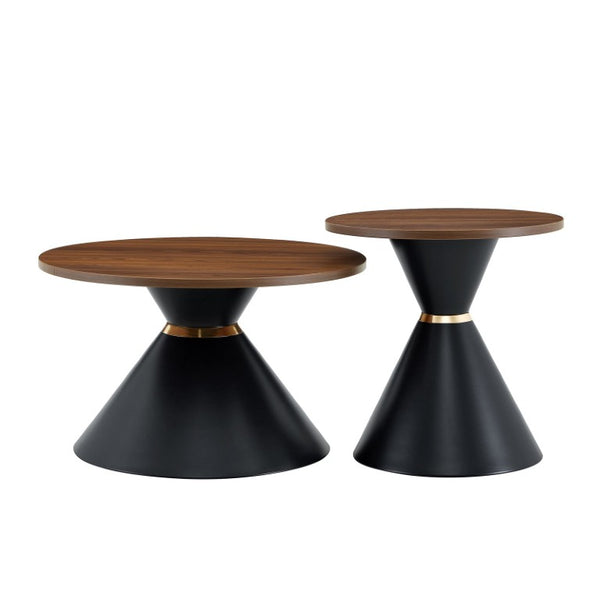 English Elm 2-Piece Round Nesting Side Table Set Walnut Top Matte Black Steel Base Modern Living W1512S00279