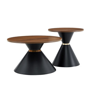 English Elm 2-Piece Round Nesting Side Table Set Walnut Top Matte Black Steel Base Modern Living W1512S00279