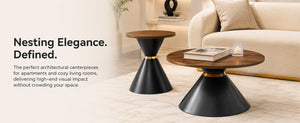 English Elm 2-Piece Round Nesting Side Table Set Walnut Top Matte Black Steel Base Modern Living W1512S00279