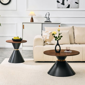 English Elm 2-Piece Round Nesting Side Table Set Walnut Top Matte Black Steel Base Modern Living W1512S00279