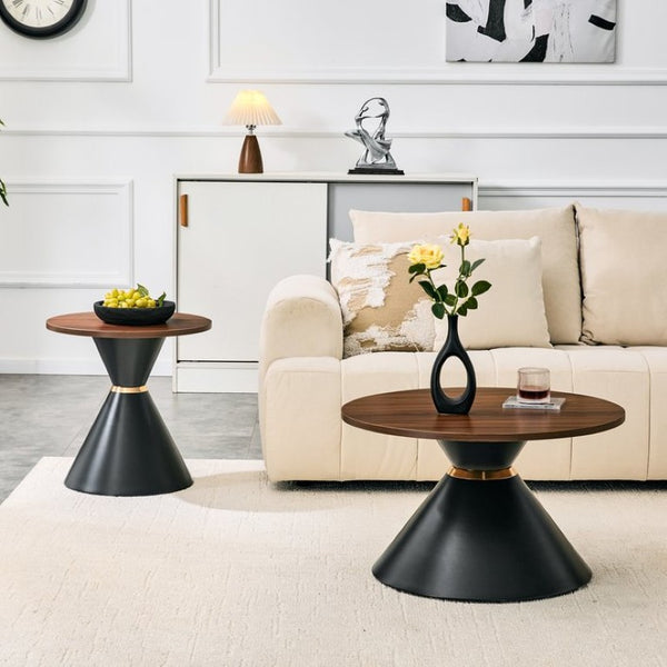 English Elm 2-Piece Round Nesting Side Table Set Walnut Top Matte Black Steel Base Modern Living W1512S00279