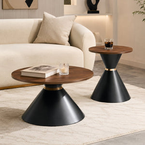 English Elm 2-Piece Round Nesting Side Table Set Walnut Top Matte Black Steel Base Modern Living W1512S00279