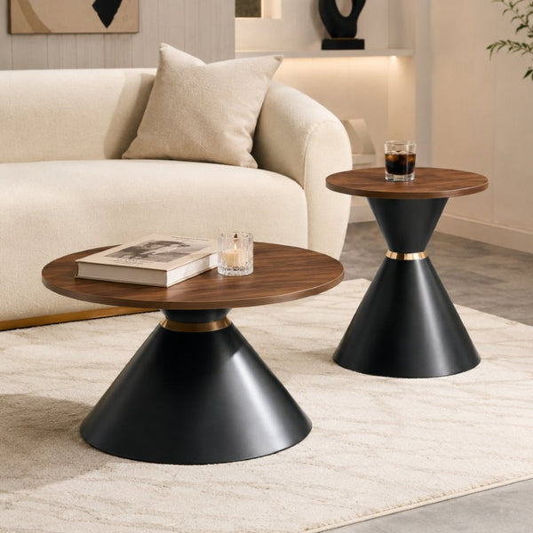 English Elm 2-Piece Round Nesting Side Table Set Walnut Top Matte Black Steel Base Modern Living W1512S00279