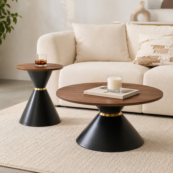 English Elm 2-Piece Round Nesting Side Table Set Walnut Top Matte Black Steel Base Modern Living W1512S00279