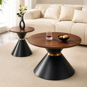 English Elm 2-Piece Round Nesting Side Table Set Walnut Top Matte Black Steel Base Modern Living W1512S00279