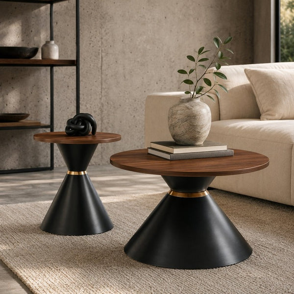 English Elm 2-Piece Round Nesting Side Table Set Walnut Top Matte Black Steel Base Modern Living W1512S00279