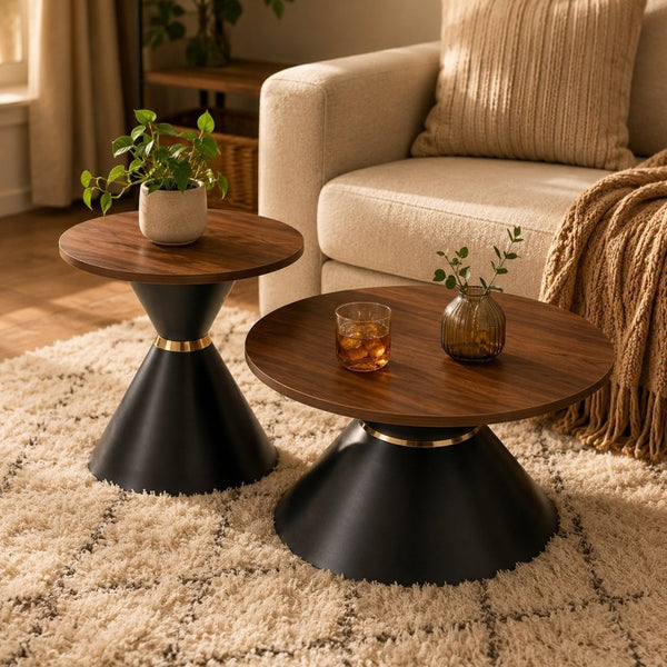 English Elm 2-Piece Round Nesting Side Table Set Walnut Top Matte Black Steel Base Modern Living W1512S00279