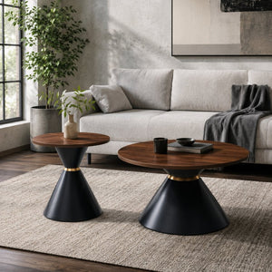 English Elm 2-Piece Round Nesting Side Table Set Walnut Top Matte Black Steel Base Modern Living W1512S00279