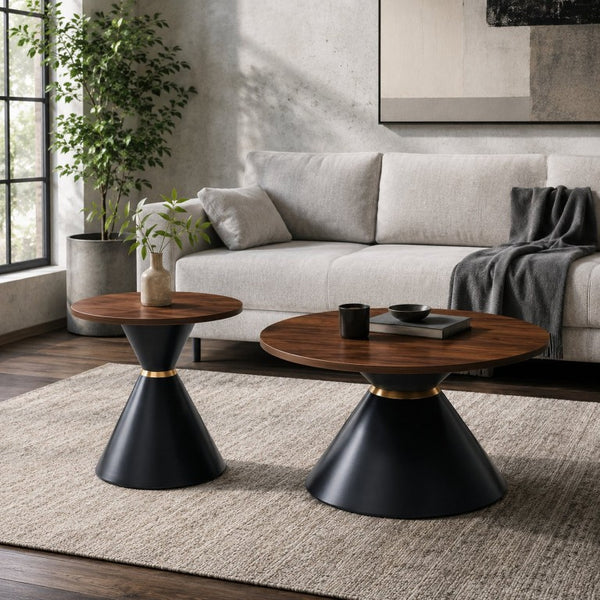 English Elm 2-Piece Round Nesting Side Table Set Walnut Top Matte Black Steel Base Modern Living W1512S00279