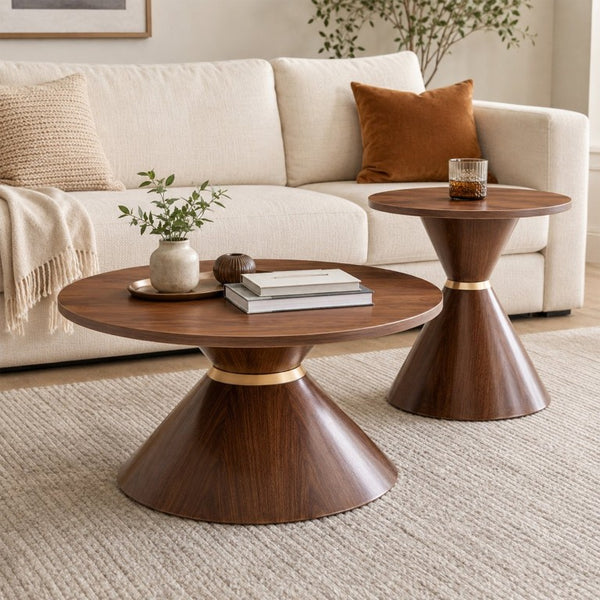 English Elm 2-Piece Mid-Century Nesting Coffee Table Set Walnut Grain Steel Base Living Room W1512S00280