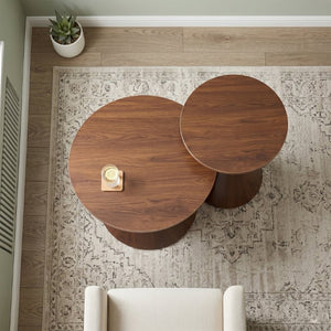 English Elm 2-Piece Mid-Century Nesting Coffee Table Set Walnut Grain Steel Base Living Room W1512S00280