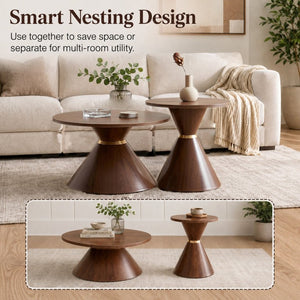 English Elm 2-Piece Mid-Century Nesting Coffee Table Set Walnut Grain Steel Base Living Room W1512S00280
