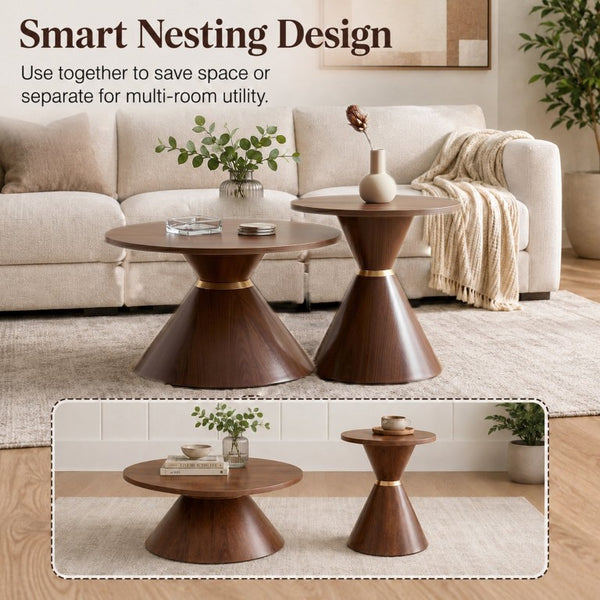 English Elm 2-Piece Mid-Century Nesting Coffee Table Set Walnut Grain Steel Base Living Room W1512S00280