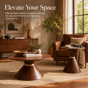 English Elm 2-Piece Mid-Century Nesting Coffee Table Set Walnut Grain Steel Base Living Room W1512S00280