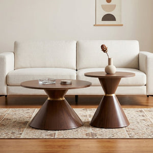 English Elm 2-Piece Mid-Century Nesting Coffee Table Set Walnut Grain Steel Base Living Room W1512S00280