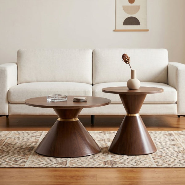 English Elm 2-Piece Mid-Century Nesting Coffee Table Set Walnut Grain Steel Base Living Room W1512S00280